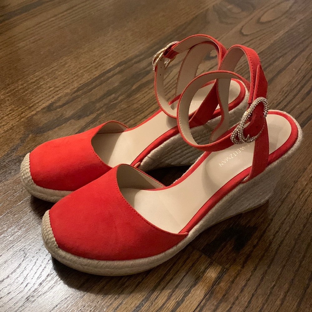 Stuart Weitzman Crystal Buckle Suede Espadrille Wedge Sandal